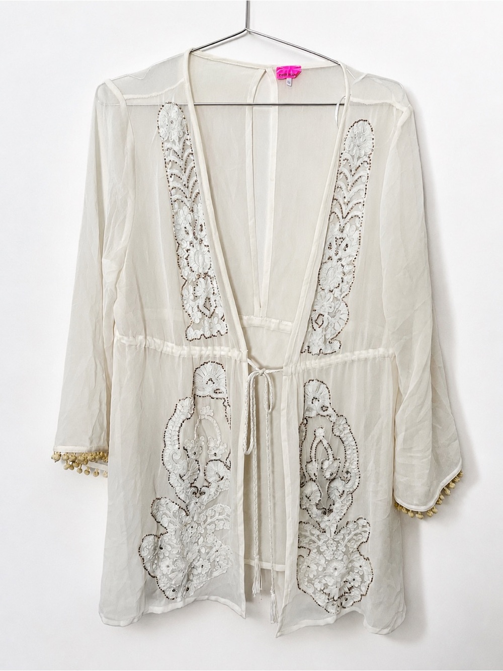 River Island Ivory Sheer Embroidered Tie-Front Robe
